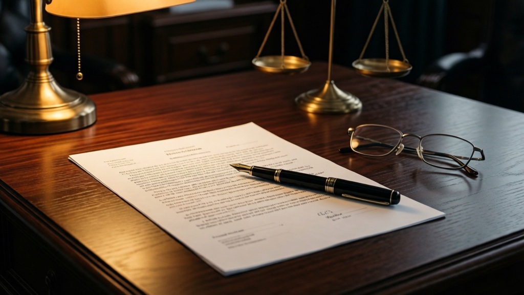 Contrat, stylo plume et balance de justice — ambiance droit des affaires