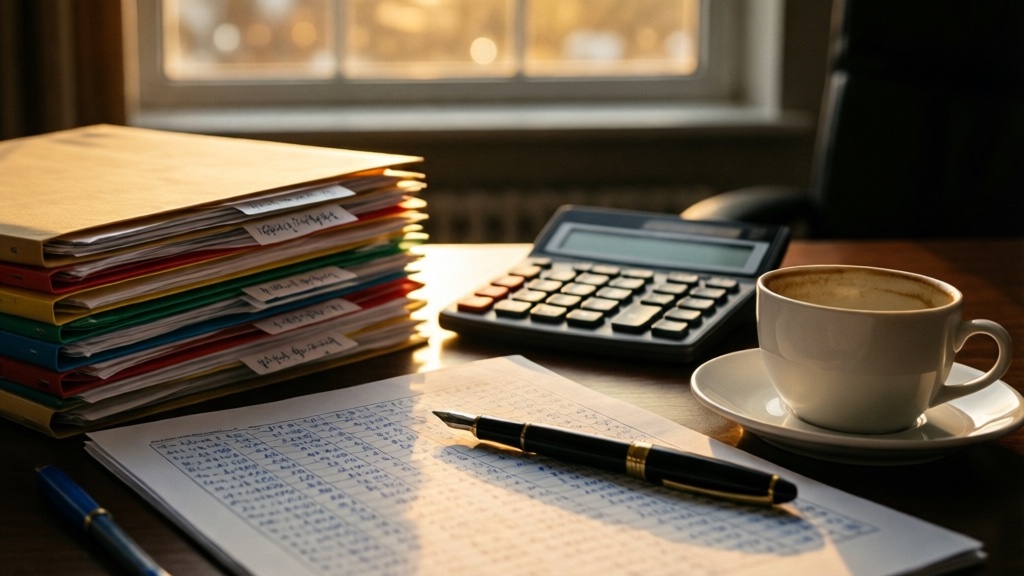 Dossiers fiscaux, calculatrice et stylo plume sur bureau — ambiance fiscalité