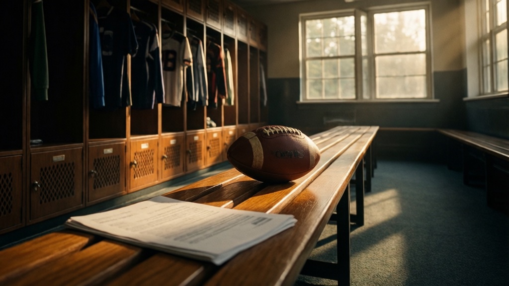 Vestiaire de club, ballon sur un banc en bois — ambiance droit du sport